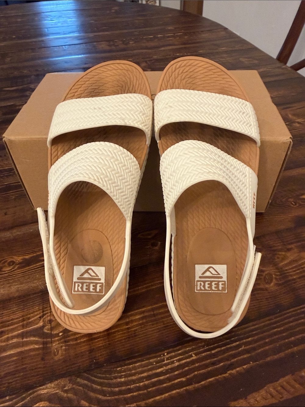 Reef Women’s White & Tan Dual-Strap Slide Sandals